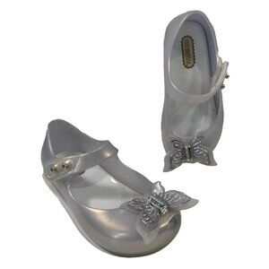 Mini Melissa Butterfly Mary Jane Shoes Girls 8 Silver Sparkle Peep Toe Dressy